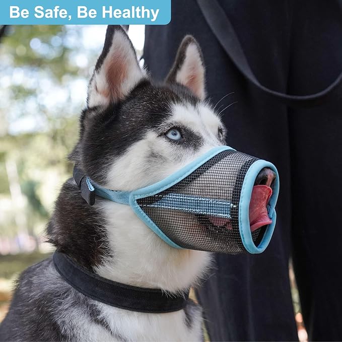 LUCKYPAW Dog Muzzle, Mesh Muzzle for Small Medium Dogs, Soft Mouth Cover to Prevent Biting Chewing, Drinkable Breathable Adjustable Puppy Mouth Guard(XS, Baby Blue)