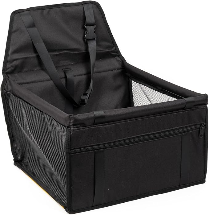 Cushioned Car Ride Bed - Dog Safety Travel Crate | Puppy Travel Safety Gear, Pet Vehicle Bed, Soft Dog Booster Seats with Storage Pockets, Clip-Onn Leashs Portable Car Carrier
