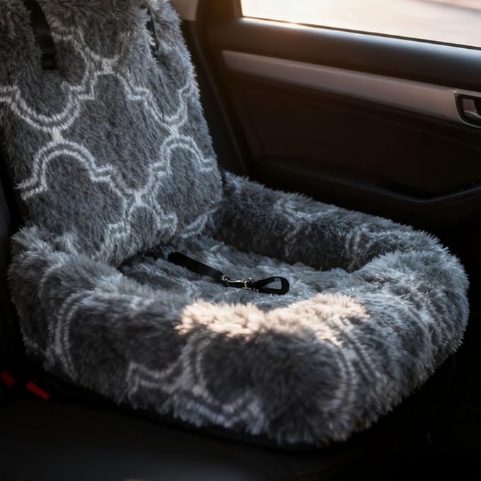 Generic Dog Car Seat for Dogs,Fluffy Pet Seat with Detachable Washable Cushion, Portable Travel-Safe Bed for Cars with Safety Belts (Black, 60X60cm)