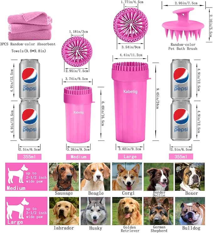 Dog Paw Cleaner for Meduim/Small Breed Dogs with 3Pcs Absorbent Towels & Graspable Dog Bath Brush (Pink, Medium)