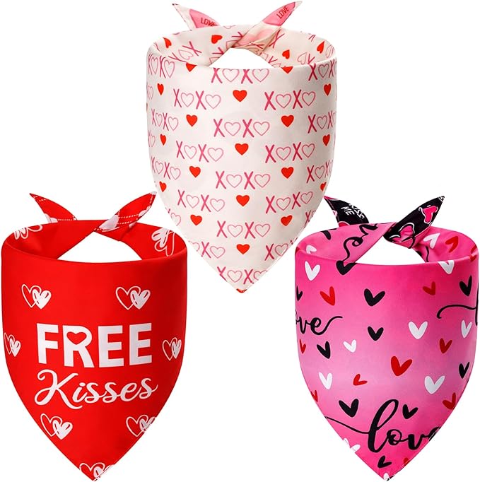 Dog Valentines Bandana XLarge 3PCS, 6 Pattern Sweetheart Scarf for Boy and Girl, Red Pink Black Triangle Reversible Love Bibs Breed for Puppy Pets