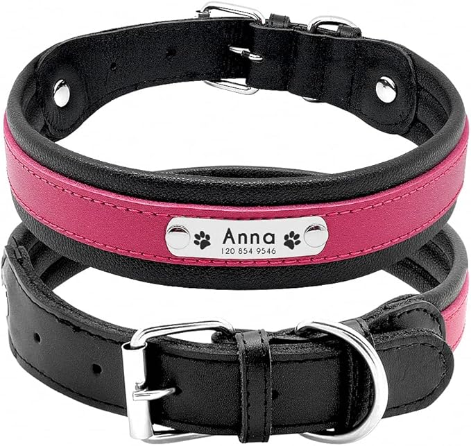 Large Dog Collar Genuine Leather Dog Collar Personalized Pet Name ID Collar Padded Customized for Medium Large Dogs Pink L
