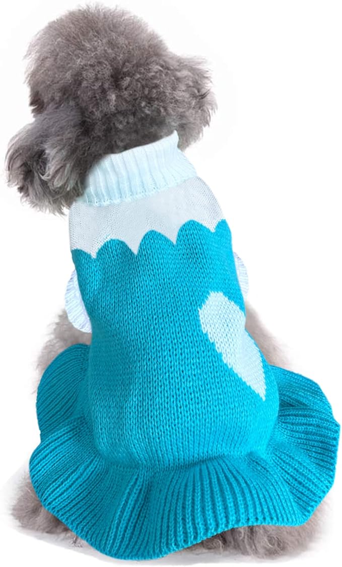 CHBORCHICEN Pet Dog Sweaters Classic Knitwear Turtleneck Winter Warm Puppy Clothing Cute Strawberry and Heart Doggie Sweater (XXS, Dress-Sky Blue)