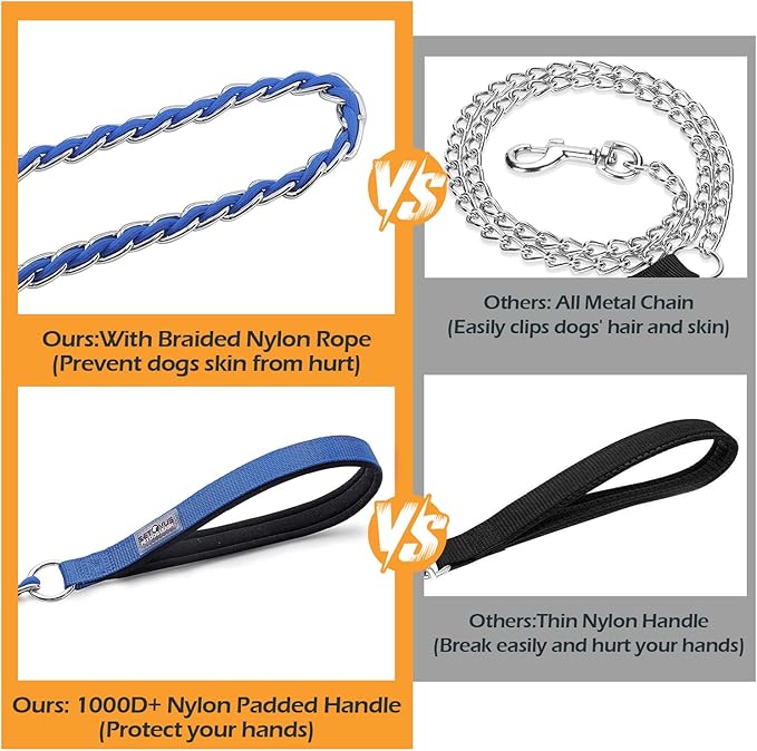 Dog Leash Chew Proof, Chain Leash Anti Chew Dog Leash for Large Dogs Heavy Duty, Indestructible Metal Leash Anti Bite Chain Link with Woven Cord Soft Padded Handle (Blue, 5FT)