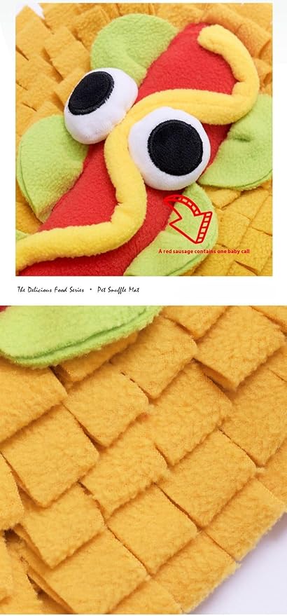 Interactive Pet Snuffle Mat with Crinkle Paper and BB Sound – Food-Shaped Nose Work Mat for Cats, Dogs, and Small Pets, Anti-Slip Base, Puzzle Feeding Toy (hot Dog)