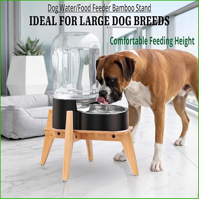 Dog Water/Food Dispenser Stand for Large Dogs - Use to Raise Dog Water and Food Bowl Feeder Dispensers - Adaptable Size Fits Various Sizes and Shapes - Slanted Feet Resist Tip-Over - Bamboo