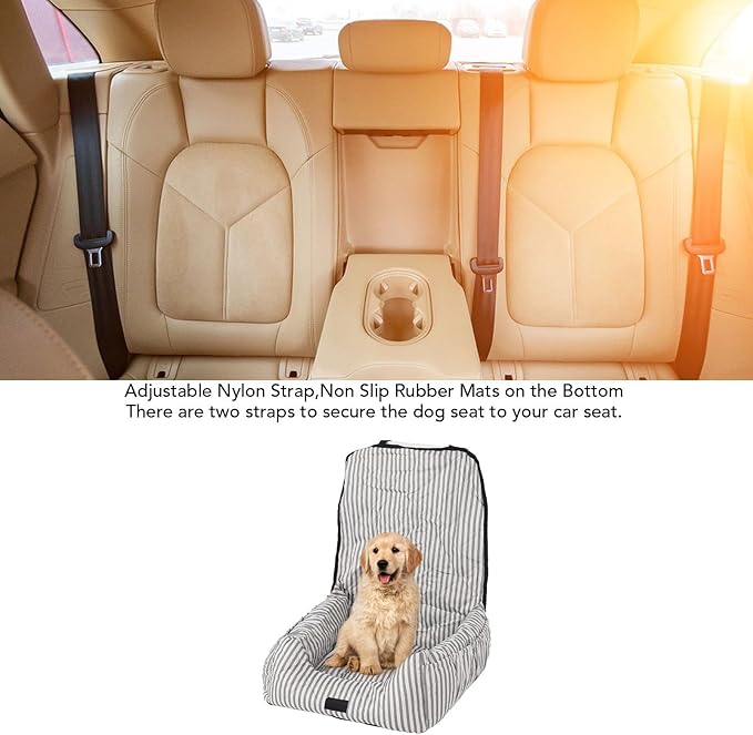 Dog Booster Seat Portable Water Proof Polyester with PP Cotton Filling, Grey White Stripes - Adjustable Safety Straps, Removable Washable Cover, Travel Comfort for Small Pets