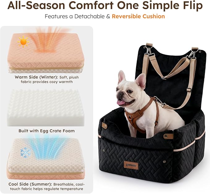 Elevated Dog Car Seat for Small Dogs, 3 Adjustable Heights with 2 Egg Crate Foam Boosters 4"+2", Dual-Sided Cooling&Plush Waterproof Cover, 2 Safety Leashes & Buckles, Beige