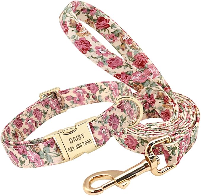 Personalized Floral Dog Collar and Leash Set Custom Small Medium Large Dog Pet ID Collar Lead Flower Print Dog Engraved Collars Beige Set S