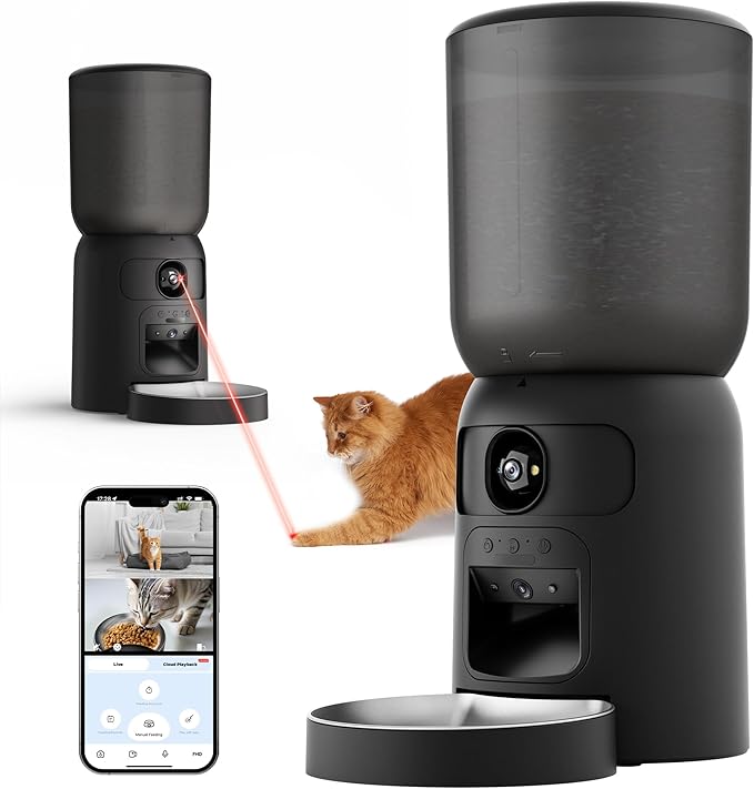 Smart Automatic Cat Feeder with Dual Camera, AI Pet Recognition, 6L Food Dispenser for Cats & Dogs, 2.4G/5G WiFi, App Control, Voice Interaction, Auto Cat Feeder with Dual Power Supply
