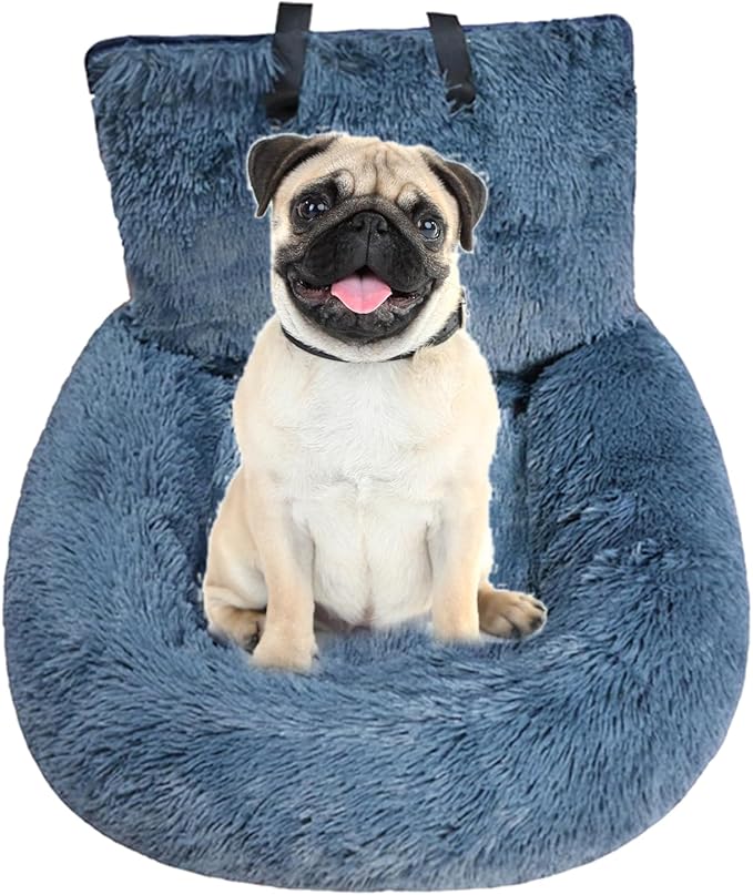Plush Dog Car Seat Bed - Car Dog Kennel Safety Seat, Portable Elevated Pet Travel Booster | Pet Mat, Soft Polyester Fill Non‑Slip Base Seatbelt Tether for Secure Rides Cars Small Medium Do