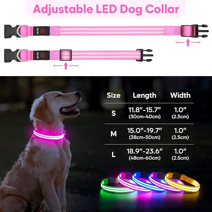 BSEEN Light Up Dog Collar - Rechargeable LED Dog Collar Glow in The Dark Dog Camping Essenstials Reflective Dog Collar Lights for Night Walking (Pink, Medium)
