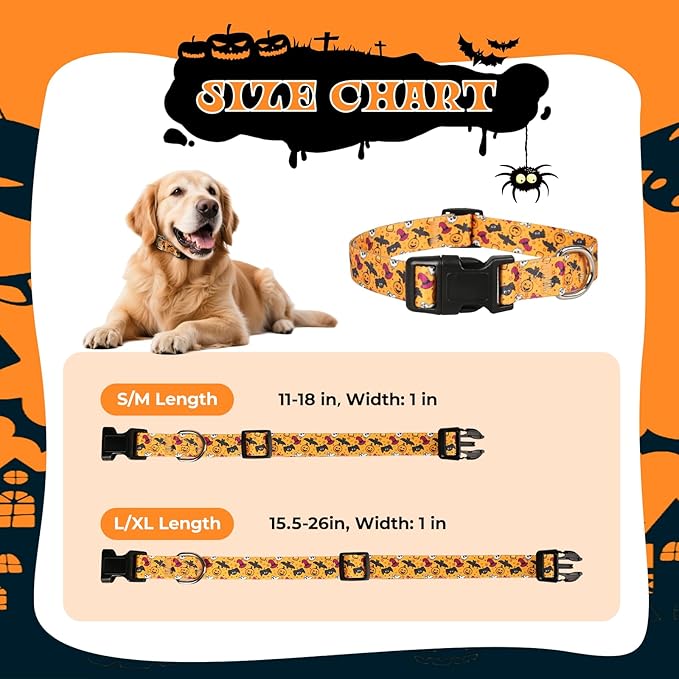 Halloween Dog Collar, Adorable Ghost Pattern Halloween Collar for Medium to Large Dogs - Comfortable & Cute November 1st All Saints Dog Collars (L, 15.5-26IN)