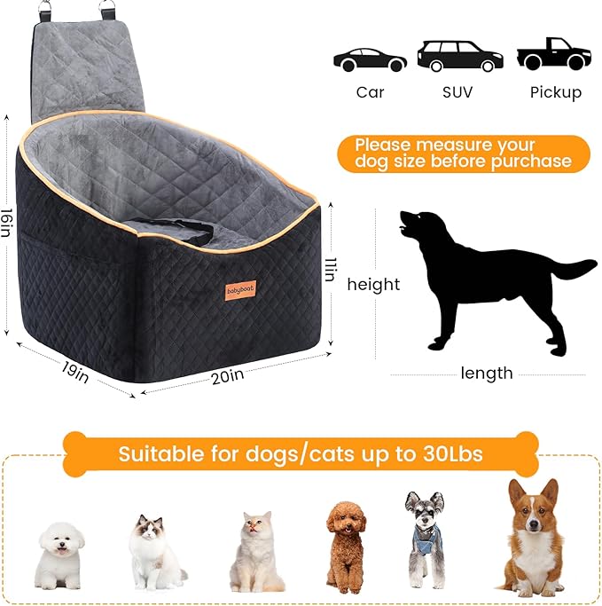 Babyboat Dog Car Seat for Small & Medium Pet Adjustable Height Dog Booster Car Seat with 2 Cushion Up to 30lbs Pet Detachable Travel Pet Bed with Remove Cover, Storage Pockets - Black