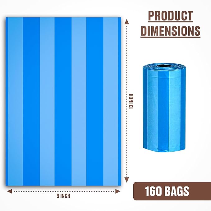 Parisian Pet Ecofriendly Dog Poop Bags Rolls - 160 Count Unscented Poop Bags For Dogs - Leakproof, Extra Thick, 8 Dog Waste Bags Refill Rolls - Stripes Dots Blue Doggie Poop Bags