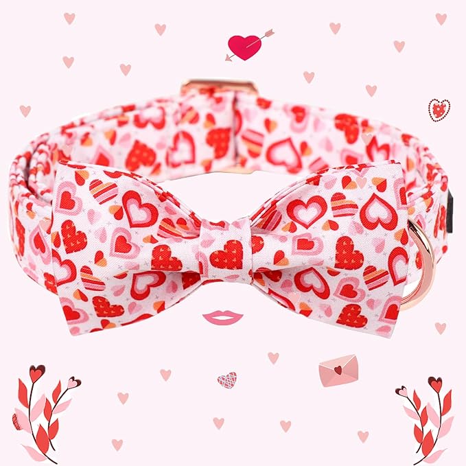 Maca Bates Valentine's Day Dog Collar with Fancy Bow for Extra Small Girl Boy Dogs,Love Pink Hearts Pattern,Adjustable Durable Soft Valentine Gift for Female Male Puppy