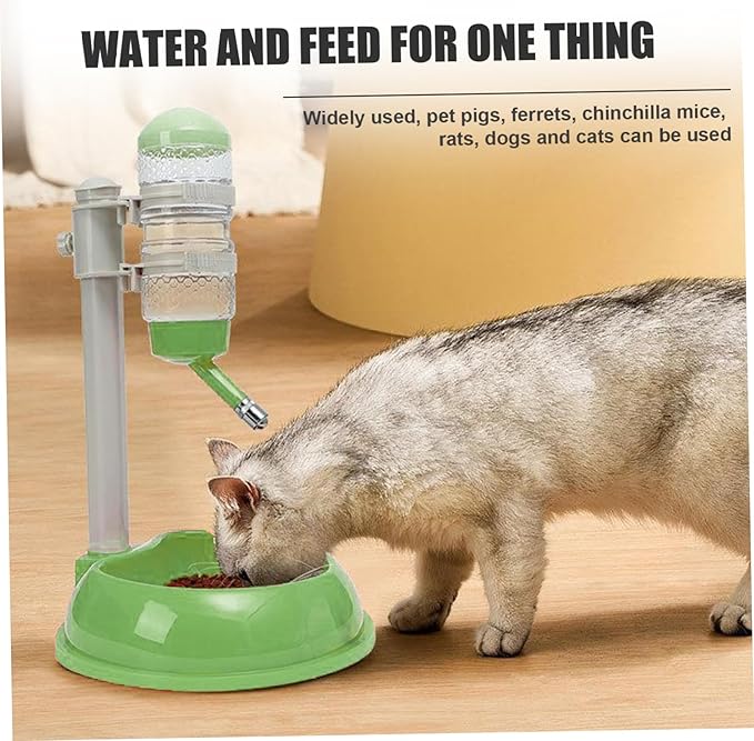Dog Water Bottle Dispenser and Food Bowl, No-Drip Automatic Dog Water Bowl Dispenser with Adjustable Stand, Detachable Pet for and Cat, Green