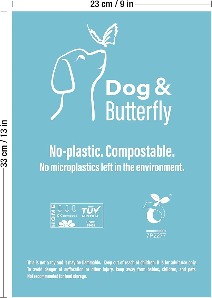 DOG & BUTTERFLY™ THE MOST BEAUTIFUL BAGS ON THE PLANET. 100% CERTIFIED COMPOSTABLE, 270Q. Easy-Open, No Plastic, Leak-Proof, Tear-Proof