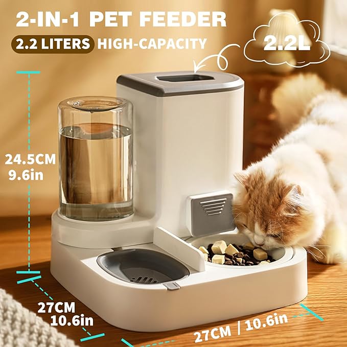 Gravity Pet Feeder and Water Dispenser Set,2 in 1 Automatic Pet Feeder Dispenser,Automatic Cat Food Dispenser, Detachable,Easy Clean,Integrated Large Capacity Dog 1L Water Bowl 2.8L Food Bowl