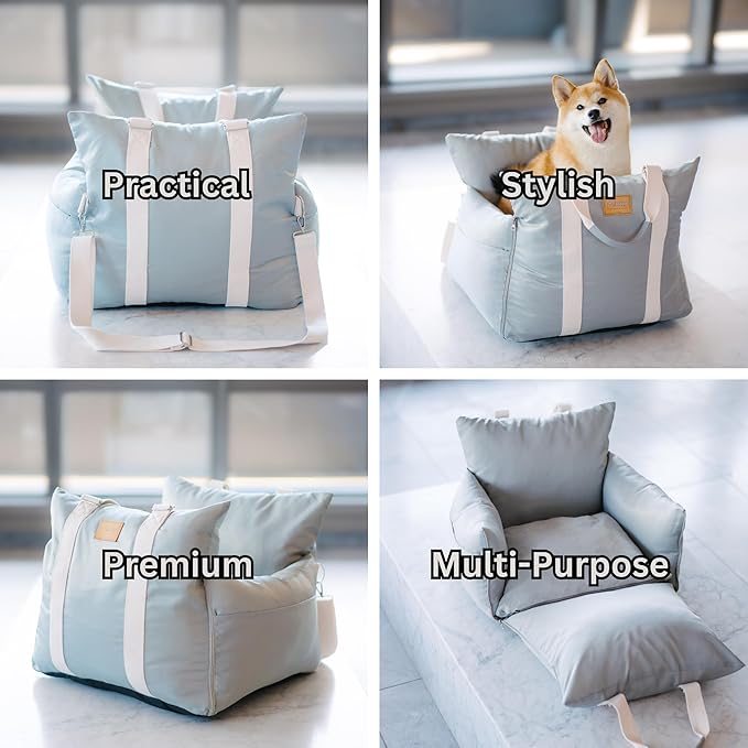 Posh Car Booster Seat for Small Dogs and Puppies – Robust Travel Chair Bed with Secure Strap, Safety Belt Harness, Washable Cover & Storage Pocket – Premium Quality and Style for Car & Home