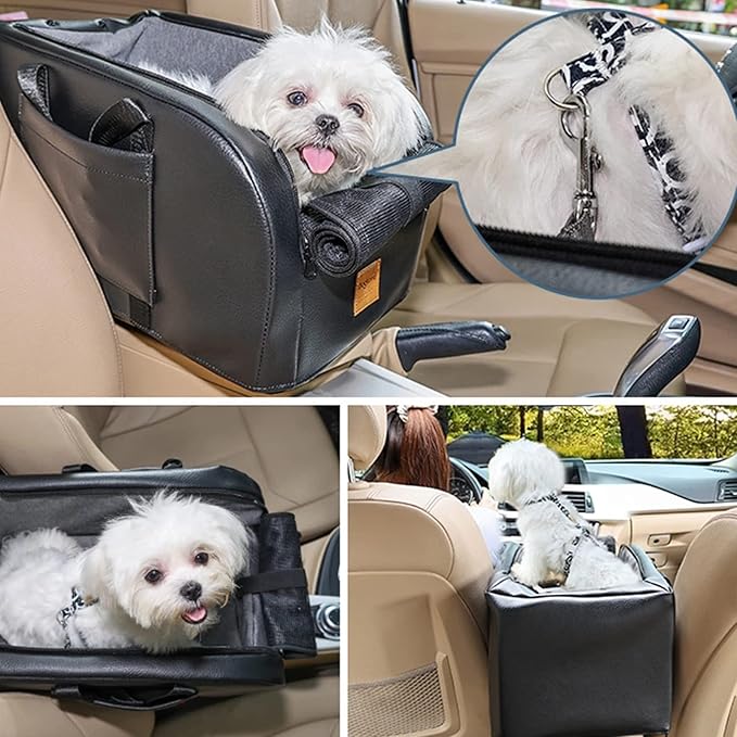 Dog Car Seat for Cat and Small Dog,Dog Booster Seat Car Armrest Nest for Car Center Console,Pet Travel Carrier Hammock Travel Bed Washable with Storage Pockets and Clip-On Leash