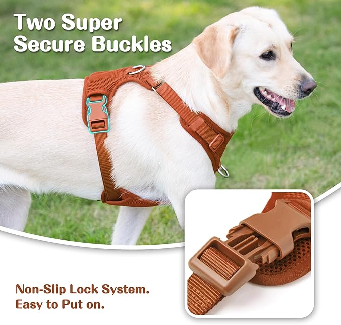 No Pull Dog Harness for Small Medium Large Dogs - Adjustable 2 Layer Mesh Dog Vest with Dual Clip, Escape Proof, Quick Release, Lightweight Breathable Mesh for Walking Hiking (Carmel Brown,M)