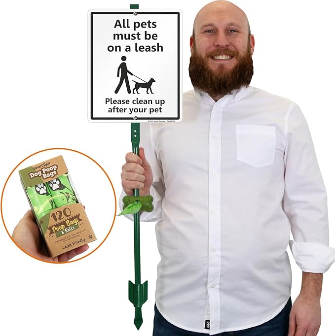 SmartSign All Pets On A Leash Please Clean Up After Your Pet Yard Sign & Clip-On Preloaded Dispenser Combo/Kit with 135 Dog Poop Waste Bags, 10"x12" Rust-proof Aluminum Sign with 3ft Steel Stake