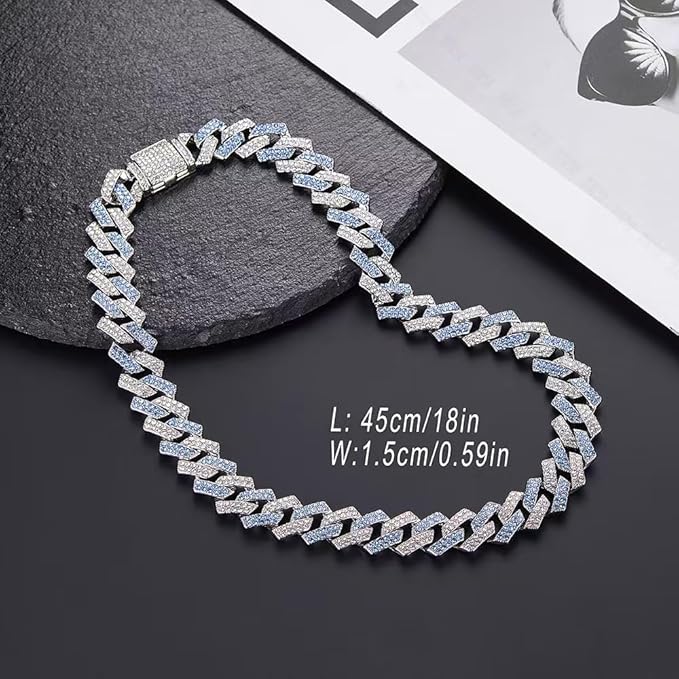 Blue Chain Dog Collar for Large Dogs, Bling Diamond Cuban Link Dog Collars Glitter Rhinestone Dog Necklace for for Small Medium Large Pet Dogs(Blue 24inch)