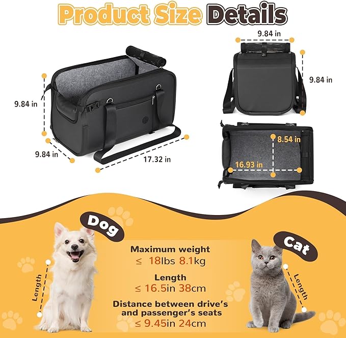 YUDODO Large Dog Car Seat for Center Console (Width＞9.5in) Fits 10-18lbs, Anti-Slip Puppy Cat Travel Portable Booster Seat, Luxury Pet Car Bed Carseat PU Leather Black