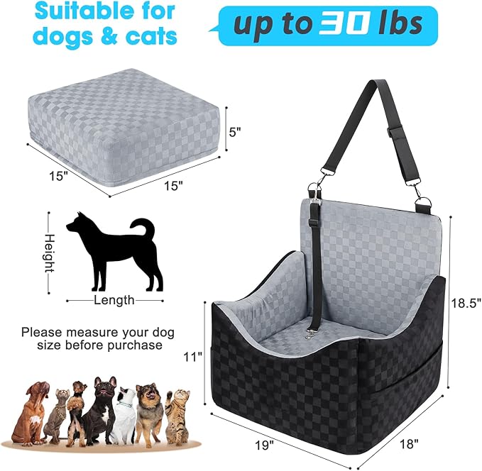 Elevated Dog Car Booster Seat for Smal/Medium Dogs, up to 35 lbs, with Memory Foam, Safety Belts, Detachable Washable Cover and Storage Pockets, Portable Travel-Safe Pet Bed, Gray