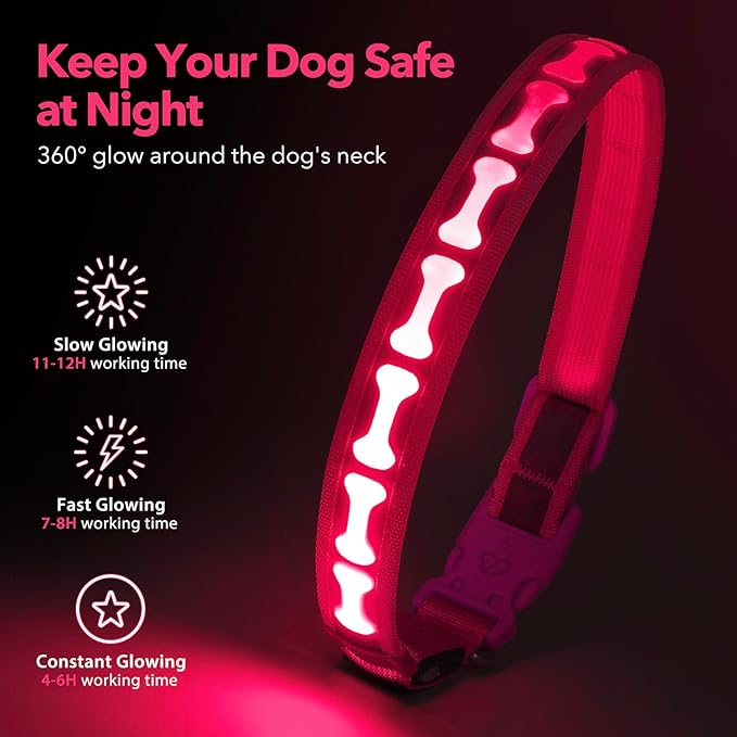 LED Dog Collar with Battery Display, Adjustable Light Up Dog Collars Rechargeable, Glowing in The Dark Reflective Light Collar Super Bright Safety Dog Light for Medium Large Small Pets (Pink, M)
