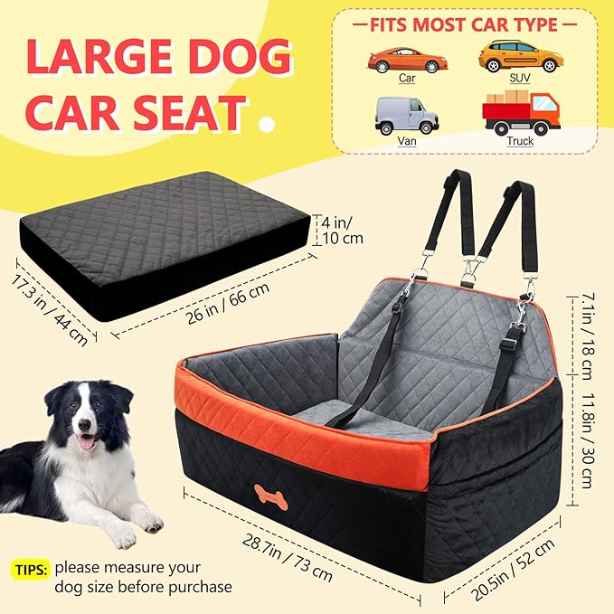 PetsHome Dog Car Seat for Medium Large Dogs, Detachable Washable Dog Booster Seat with Memory Foam Cushion, Side Pockets, 2 Clip-On Safety Leashes Pet Car Seat for Dogs Up to 60 lbs-Black