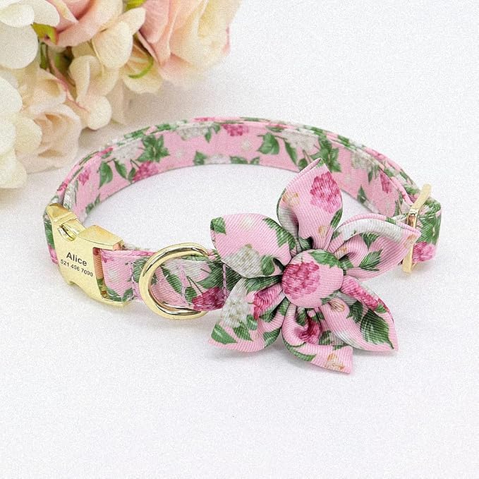 Flower Custom Dog Collar Printed Pet Nylon Dogs Collar Personalized Chihuahua Puppy Collars for Small Medium Large Dog Pink S