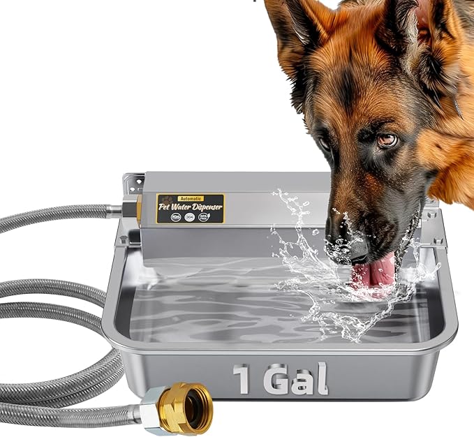 1Gal/3.8L Automatic Water Dispenser for Dogs, Patented Automatic Dog Waterer Bowl for Outdoor, Stainless Steel Water Bowl Dispenser for Livestock Chicken, Dog Feeder Fit 3/4'' GHT Faucet