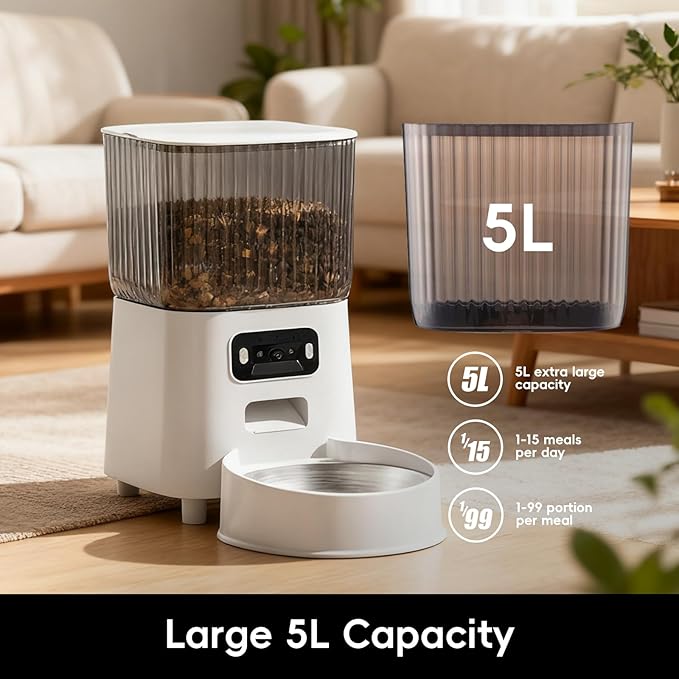 5L Smart Pet Feeder with HD Camera, WiFi Automatic Food Dispenser, Dual Stainless Steel Bowls, App Control, Voice Recorder, Motion Detection for Small and Medium Pets
