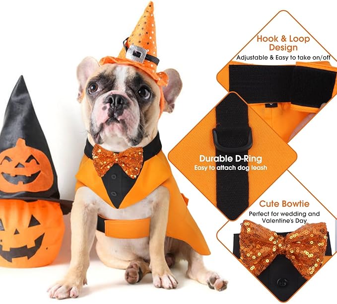 Kuoser Dog Tuxedo Suit and Bandana Set, Pumpkin Color Dogs Thanksgiving Outfit Adjustable Dog Halloween Costume with Bow Tie for Large Medium Small Dogs Golden Retriever Samo Bulldogs, L