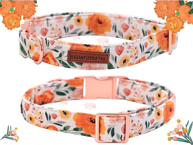 Elegant little tail Fall Dog Collar, Pet Collar Durable Orange Floral Dog Collars Male or Female Holiday Pet Gift Adjustable Dog Collar for Small Dogs