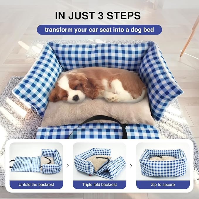 Pet Car Booster Seat for Small Dogs & Cats up to 25 lbs – Plaid Travel Seat with Safety Leash, Adjustable Straps, Non-Slip Base, 2-in-1 Convertible Bed, Detachable & Washable (Blue Plaid)