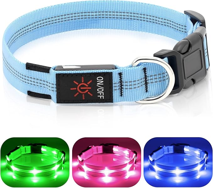 Weesiber Light Up Dog Collars - Rechargeable LED Collar - Reflective Adjustable Dog Lights for Night Walking (Blue, Large)
