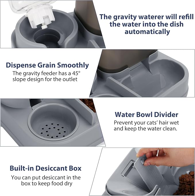 Yummy Sam Automatic Cat Feeder and Water Dispenser, 2 in 1 Large Capacity Gravity Small Pet Auto 2.5L Pet Feeder and 1L Waterer Set Feeder Dish for Small Medium Pets Dog Puppy Kitten (Grey Black)