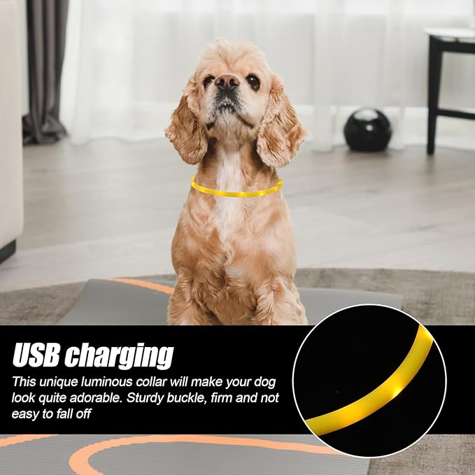 NUOBESTY LED Rechargeable Silicone Dog Collar, Adjustable Yellow Oval Pet Neck Belt L Size, Glow Safety Collar for Outdoor Evening Walks and Camping
