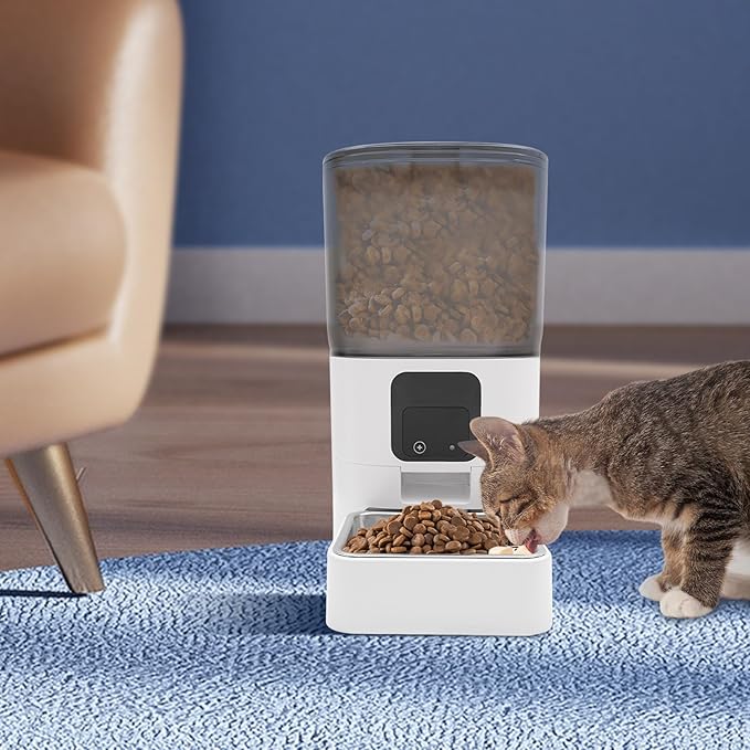 Smart Automatic Pet Feeder, 6L APP Controlled Pet Food Dispenser with Dual Power & Stainless Steel Bowl, for Cats Dogs, Programmable Timed Dog Cat Feeder, White