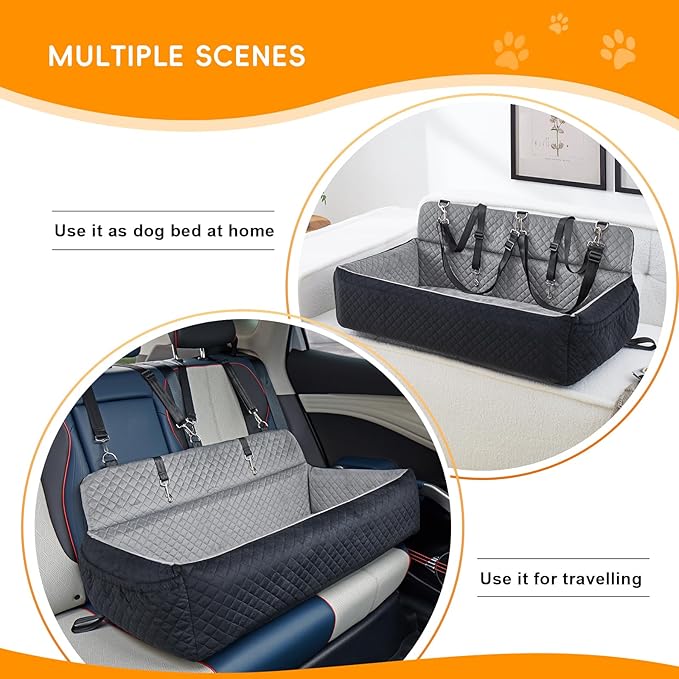 Dog Car Seat for Large Dog,Washable Dog Booster Seat for Medium Large Dogs,Multi-Functional Dog Booster Seat with Thick Cushion, Safety Leashes Dog Sofa Cushion & Travel Dog Bed (Black Grey, 90cm)