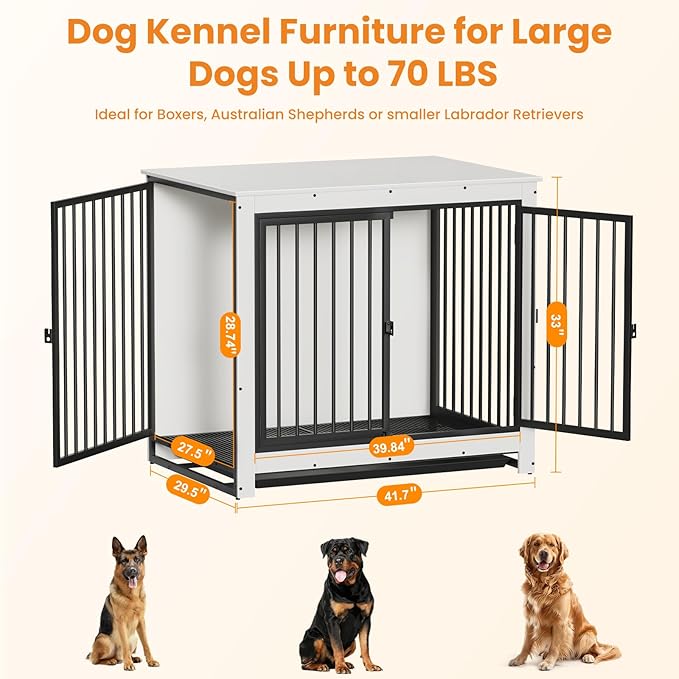 Dog Crate Furniture, 42 InchI ndoor Large Dog Kennel for Medium to Large Dogs Up to 70 LBS, Heavy Duty Wooden Pet Cage End Table with 3 Doors, Alloy Steel Frame & Removable Tray