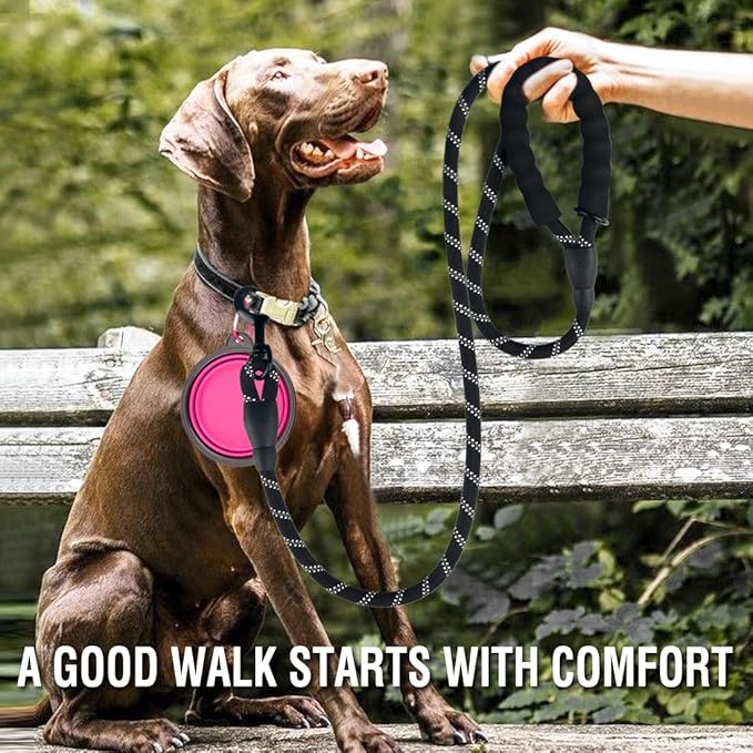 COOYOO 2 Pack Dog Leash 6 FT Heavy Duty - Comfortable Padded Handle - Reflective Dog Leash for Medium Large Dogs with Collapsible Pet Bowl Set 1-Black+Pink