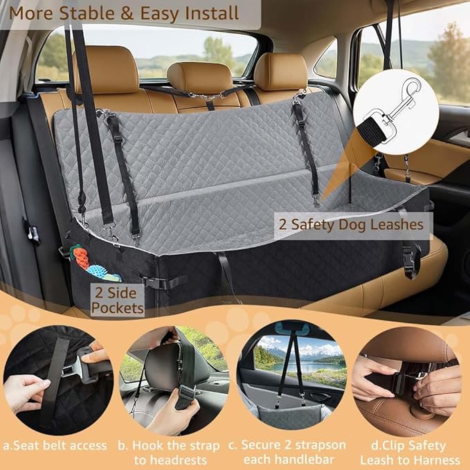 unipaws Dog Car Seat for Medium/Large Dogs up to 120lbs, Pet Booster Seat with 2 Safety Belts & Side Pockets, Easy Front/Side Entry, Detachable, Washable Pet Car Bed for Backseat (Black/Grey)