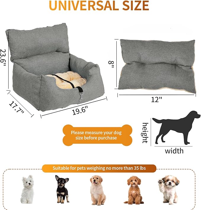 Dog Booster Car Seat Bed for Small Dogs Up to 18 LB, Portable Elevated Puppy Travel Car Seat with Tether & Reversible Cushion for Front and Back Use, Grey