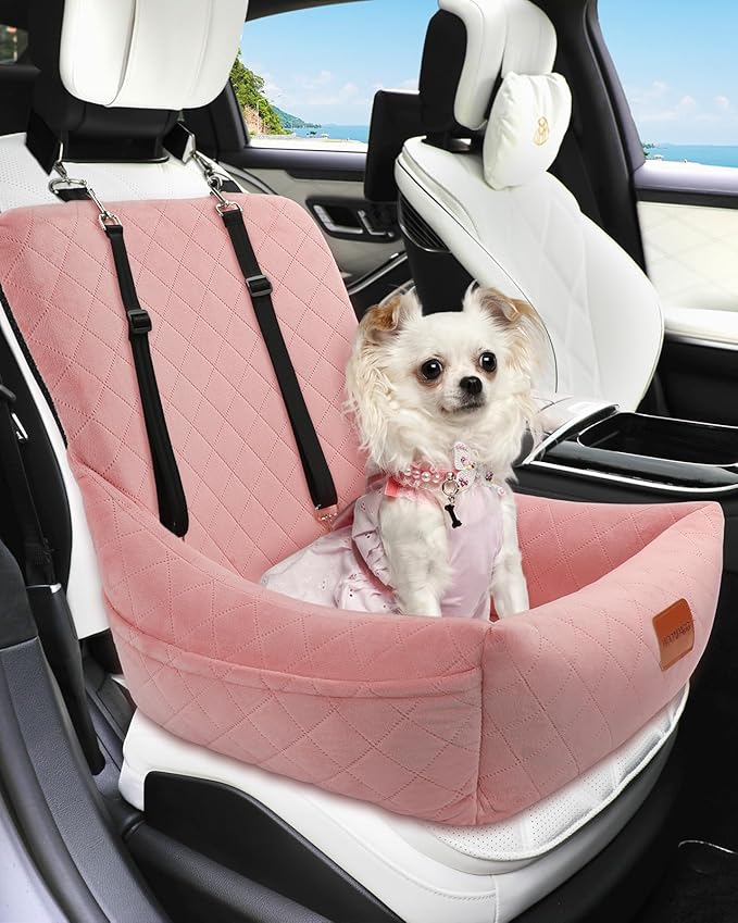 Dog Car Seat for Small Dogs Up to 25lbs,Soft Washable Fabric Fill in Memory Foam,Easy to Assemble with 2 Clip-On Safety Leashes and Storage Pockets,Front or Back Seat are Both OK (Pink)