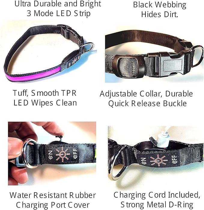 Glow Fetch It! HD Ultra Bright LED Safety Dog Collar, Adjustable, USB Rechargeable with 3 Modes, Water Resistant, Extremely Durable and Easy to Clean (Pink, Large)