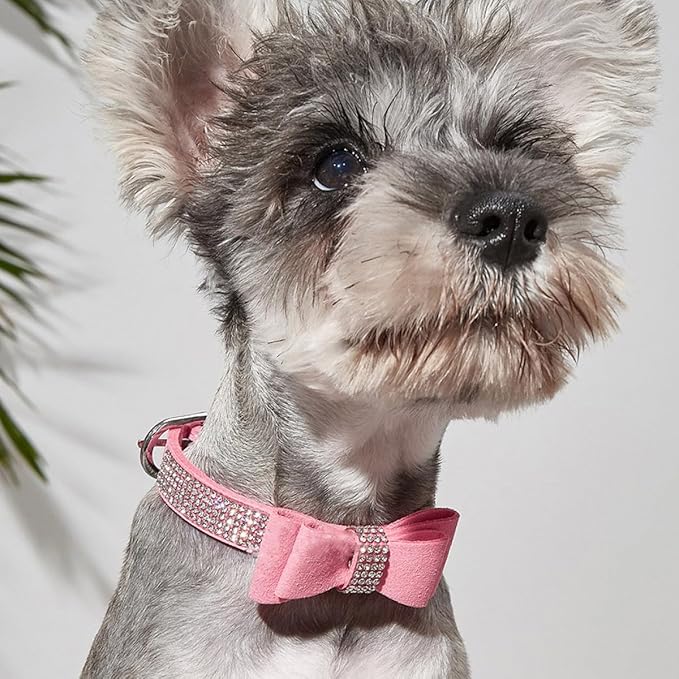 Luxshiny Adjustable Pink Rhinestone Pet Dog Collar with Bow Tie, 51x2.5cm Microfiber Large Dog Collar for Outdoor Training and Daily Use